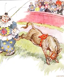 "Clownen var så dum i dag - jag sparkade honom ganska hårt", illustration från "The Naughty Neddy Book", utgiven av Thomas Nelson und Sons, 1920-talet.